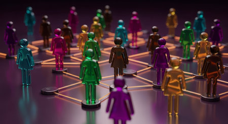Colorful stylized female figures connected by glowing lines, representing a complex social network, community, or global communication system.の素材