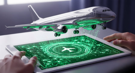Holographic airplane model projected from a digital tablet with a glowing green data interface, manipulated by hands. Represents future aviation technology and augmented reality.の素材