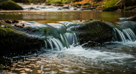 Water flowing over moss covered rocks in a tranquil forest stream, creating a small cascade with gentle ripples and reflections.の素材