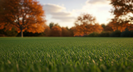 Vibrant green grass in the foreground with blurred autumn trees and a bright sky in the background, capturing a serene outdoor landscape during fall.の素材