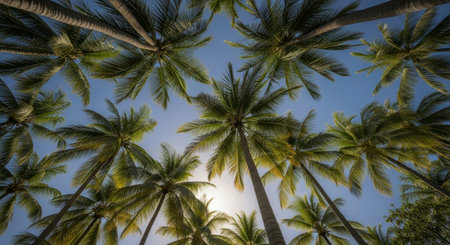 Looking up at lush green palm trees against a clear blue sky, creating a vibrant tropical scene. The sun shines through the fronds, evoking feelings of summer and relaxation.の素材