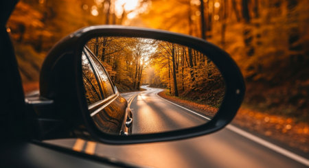 A car side mirror reflects a winding road through a vibrant autumn forest, bathed in warm golden sunlight. The scenic view captures the beauty of the fall season during a road trip.の素材