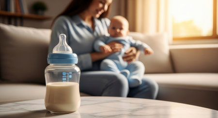 A baby bottle filled with milk stands on a table in the foreground, with a loving mother holding her infant child on a sofa in the soft focus background, depicting a moment of childcare.の素材