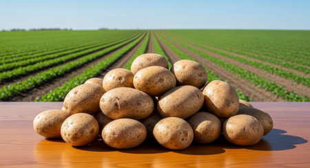 A large pile of freshly harvested raw potatoes sits on a wooden surface, set against a backdrop of a vast green agricultural field with distinct rows of growing crops under a clear blue sky.の素材