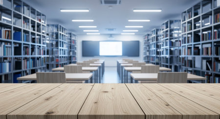 Empty light wooden table surface with a blurred modern classroom or library in the background, featuring rows of desks, bookshelves, and a large screen. Ideal for product display or text overlay.の素材