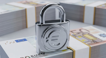 A silver padlock with a Euro symbol rests on stacks of Euro banknotes, representing financial security, savings, and protected investments.の素材