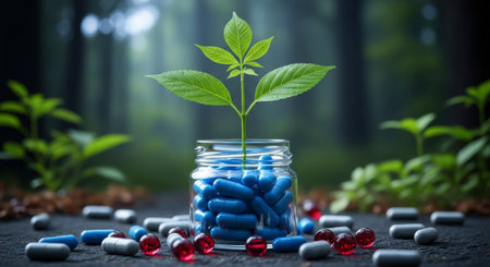 A vibrant green plant sprouts from a glass jar filled with blue capsules, surrounded by various pills on a dark surface in a natural, blurred forest setting. This symbolizes natural health and pharmaceutical integration.の素材