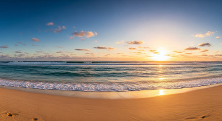 Panoramic view of a golden sandy beach with gentle ocean waves under a vibrant sunset sky. The sun reflects on the water, creating a serene and tranquil coastal landscape.の素材