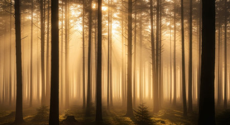 Sunbeams penetrate through a dense forest, illuminating the misty air and tall tree trunks. Golden light creates an ethereal atmosphere in the tranquil woodland.の素材