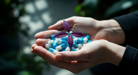 Hands gently hold a pile of blue and white pharmaceutical capsules, topped with a vibrant purple cannabis leaf, symbolizing the integration of natural and modern medicine for health and wellness.の素材