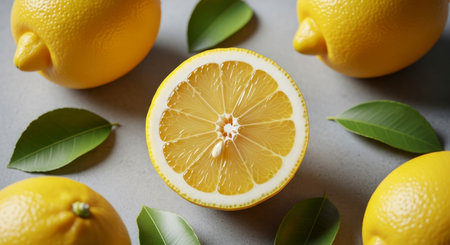 Bright yellow lemons, one perfectly sliced in half revealing its juicy segments, surrounded by whole lemons and fresh green leaves on a light grey surface, highlighting freshness and natural citrus.の素材