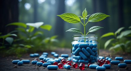 A vibrant green plant sprouts from a glass jar filled with blue capsules, with red and blue pills scattered on the ground in a natural forest setting. Represents natural medicine and pharmaceutical innovation.の素材