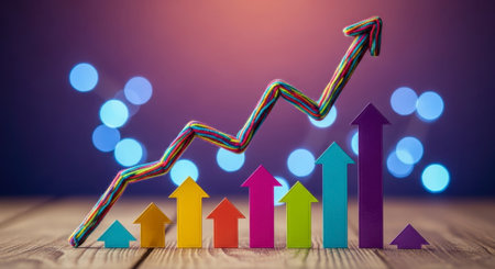 Colorful upward trending graph line and a bar chart composed of various colored arrows on a wooden surface with bokeh lights, symbolizing business growth, financial success, and positive progress.の素材