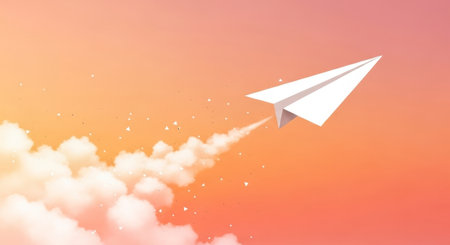 White paper airplane flying upwards with a smoke trail against a vibrant orange and pink gradient sky, symbolizing progress, innovation, and new beginnings.の素材