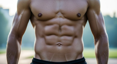 Close up of a muscular male torso with defined abs, chest, and arms, showcasing a strong and athletic physique. The man is bare chested, highlighting his fitness and strength.の素材