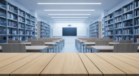 A light wooden table surface in the foreground with a blurred modern library or classroom in the background, featuring rows of desks, chairs, bookshelves, and a large screen.の素材