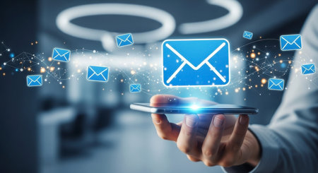 A hand holds a smartphone with glowing blue email icons and a digital network flowing above it, symbolizing modern communication, global connectivity, and digital messaging technology.の素材