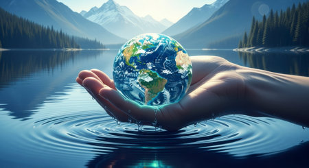 A human hand gently cradles a glowing Earth globe above rippling blue water, set against a serene landscape of majestic mountains and lush green forests, symbolizing global environmental care and sustainability.の素材
