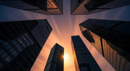 Looking up at modern glass skyscrapers reflecting the warm glow of a sunset or sunrise sky. The towering buildings create a powerful architectural perspective in a vibrant urban environment.の素材