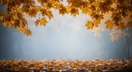 Golden maple leaves on branches frame the top of the scene, with a carpet of fallen autumn leaves covering the ground. A soft, misty light fills the background, creating a serene seasonal atmosphere.の素材