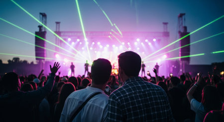 A large crowd of people enjoying an outdoor music concert with a brightly lit stage, laser lights, and silhouetted performers creating an energetic atmosphere at dusk.の素材