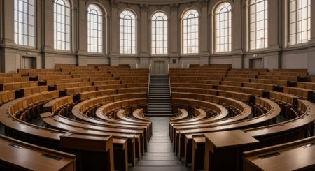 Empty grand lecture hall with curved rows of wooden benches facing a central staircase, illuminated by large arched windows, creating a classic academic setting.の素材