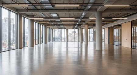 An expansive, empty modern open plan office space with large windows offering a city skyline view. The interior features concrete floors, exposed ceilings, and structural columns, ready for new tenants.の素材