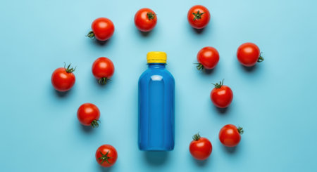 A blue bottle with a yellow cap is centrally placed, encircled by vibrant red cherry tomatoes on a light blue surface, creating a fresh and clean composition.の素材