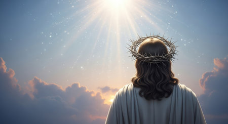 Jesus Christ seen from behind, wearing a crown of thorns, stands against a backdrop of a bright, ethereal sky with clouds and radiating light.の素材