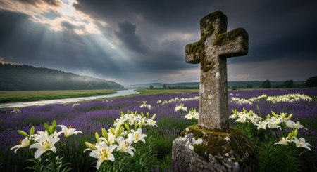 An ancient moss covered stone cross stands in a vibrant field of purple and white flowers, with a winding river and misty hills under a dramatic sky with sun rays breaking through.の素材