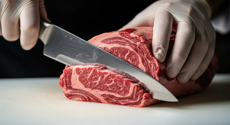 A close up view of gloved hands expertly slicing a large cut of raw red meat with a sharp knife on a clean white cutting board, highlighting the marbling.の素材