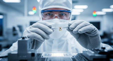 A precision engineer in a white cleanroom suit and safety glasses carefully holds a microchip with tweezers in a high tech manufacturing facility.の素材
