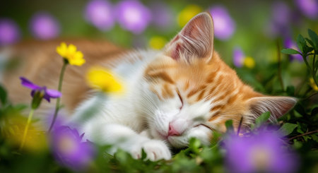 Adorable ginger and white kitten sleeping peacefully in a vibrant green meadow surrounded by colorful purple and yellow wildflowers on a sunny day.の素材