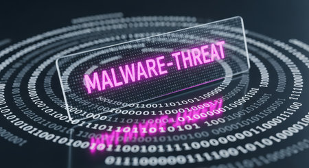 A glowing MALWARE THREAT text displayed on a transparent digital screen, surrounded by swirling binary code, symbolizing a critical cybersecurity warning and data breach risk.の素材