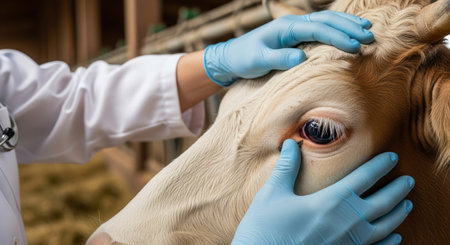 Veterinarian in blue gloves and white coat carefully examining the eye of a light colored cow during a health checkup in a barn. Focus on animal healthcare and livestock welfare.の素材