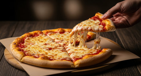 A hand lifts a slice of hot, cheesy pizza, creating a long, delicious cheese pull. The golden crusted pizza sits on a wooden board and paper on a dark table, ready to be enjoyed.の素材