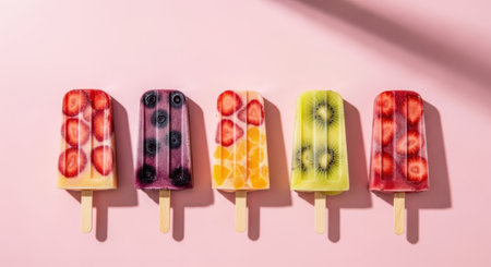 Five colorful fruit popsicles featuring strawberry, blueberry, orange, and kiwi, neatly arranged in a horizontal row on a bright pink surface with prominent shadows.の素材