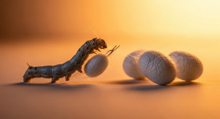A silkworm actively spins its first strands of silk, beginning the process of forming a cocoon, with other finished cocoons visible nearby. This illustrates the natural fiber production.の素材