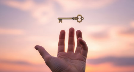 A human hand reaches towards a vintage golden key floating in the air against a vibrant sunset sky, symbolizing opportunity, solution, and success.の素材