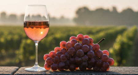 A glass of sparkling rose wine and a bunch of ripe red grapes sit on a stone surface with a lush green vineyard in the background at sunrise.の素材