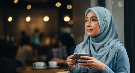 A thoughtful Muslim woman in a light blue hijab sips a steaming cup of coffee or tea, looking out a window in a cozy cafe. The scene conveys a moment of quiet reflection and relaxation.の素材