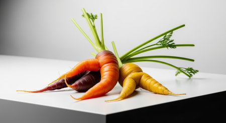 Three freshly harvested, uniquely shaped carrots in vibrant orange, deep purple, and bright yellow, still retaining their green leafy tops, displayed on a clean white surface.の素材