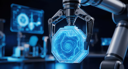 A robotic arm precisely holds a glowing hexagonal energy core with swirling blue light in a futuristic laboratory setting, symbolizing advanced technology and scientific innovation.の素材