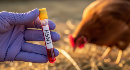 Hand in purple glove holding a test tube with H5N1 blood sample, with a blurred chicken in the background. This represents avian influenza testing and poultry disease.の素材
