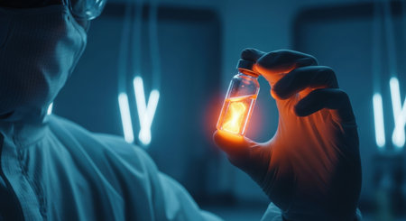 Scientist in a cleanroom suit holding a glowing orange vial in a dark, futuristic laboratory. The illuminated liquid suggests advanced research or a breakthrough discovery.の素材