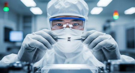 A precision engineer in a cleanroom suit, mask, and gloves carefully holds a microchip with tweezers, performing detailed work in a high tech manufacturing or research facility.の素材