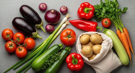 A vibrant flat lay assortment of fresh, colorful vegetables including tomatoes, eggplants, red onions, green onions, zucchini, red bell peppers, carrots, and potatoes in a reusable bag, arranged on a gray surface.の素材