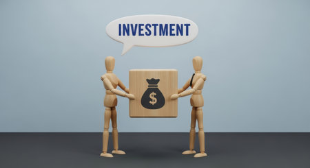 Two wooden mannequins hold a block with a money bag symbol, while a speech bubble above them displays the word investment. This visual represents financial planning, savings, and wealth management concepts.の素材