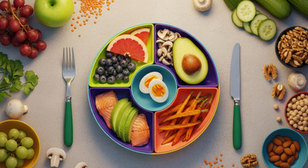 A vibrant segmented plate filled with a balanced meal including salmon, avocado, grapefruit, blueberries, eggs, carrots, and mushrooms, surrounded by fresh fruits, vegetables, and nuts.の素材