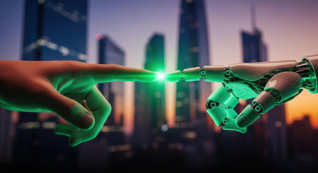 A human hand and a robot hand touch fingertips, creating a glowing green light, symbolizing the connection between humanity and artificial intelligence against a blurred city skyline.の素材
